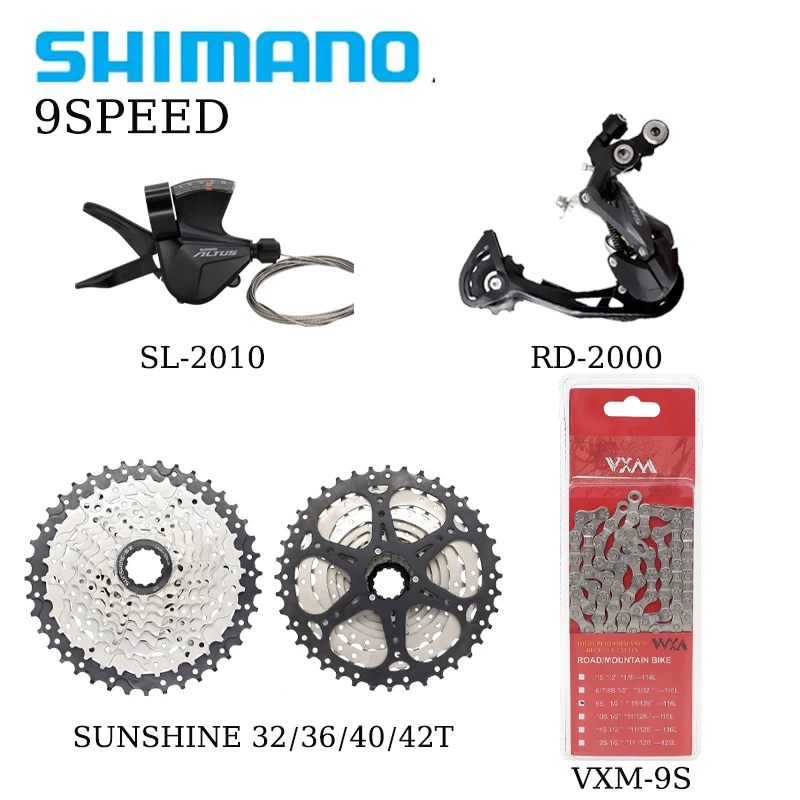 

SHIMANO 9-скоростной велосипедный комплект переключения передач, Задний рычаг переключения передач, задний переключатель света, маховик 11-32/36/40/42T VXM 9 В, комплект цепи