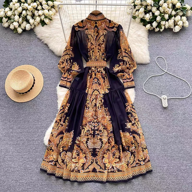 2023 New Palace Vintage Printed Yellow/White Chiffon Dress Summer Elegant Long Dresses Women Single Breasted Shirt Vestidos