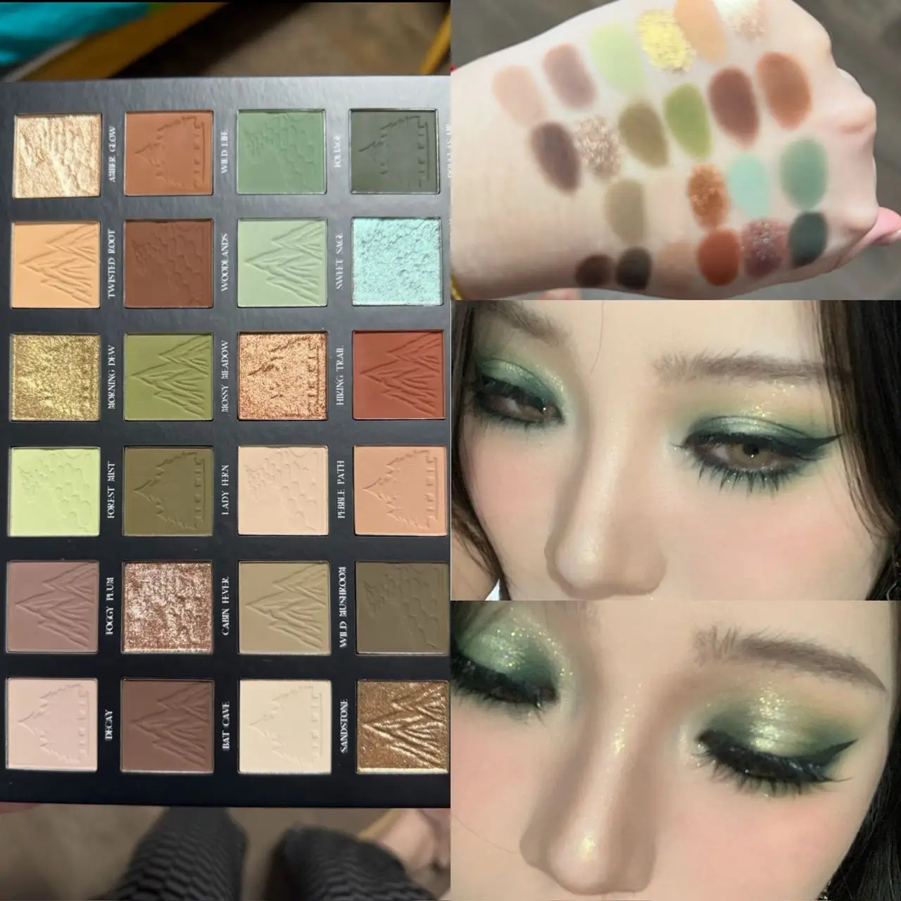 Palette de fards à paupières 24 teintes vert terre, texture mate, scintillante et métallique, mélangeable, tons chauds forestiers, pour maquillage quotidien et de scène