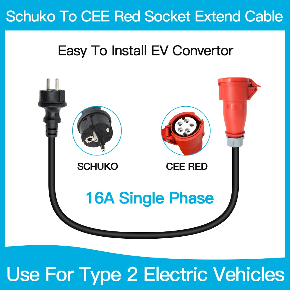 

11kw Adaptor CEE Red to Schuko EV Charger Type 2 16A 3phase With Cable For Electric Car Charging EVSE