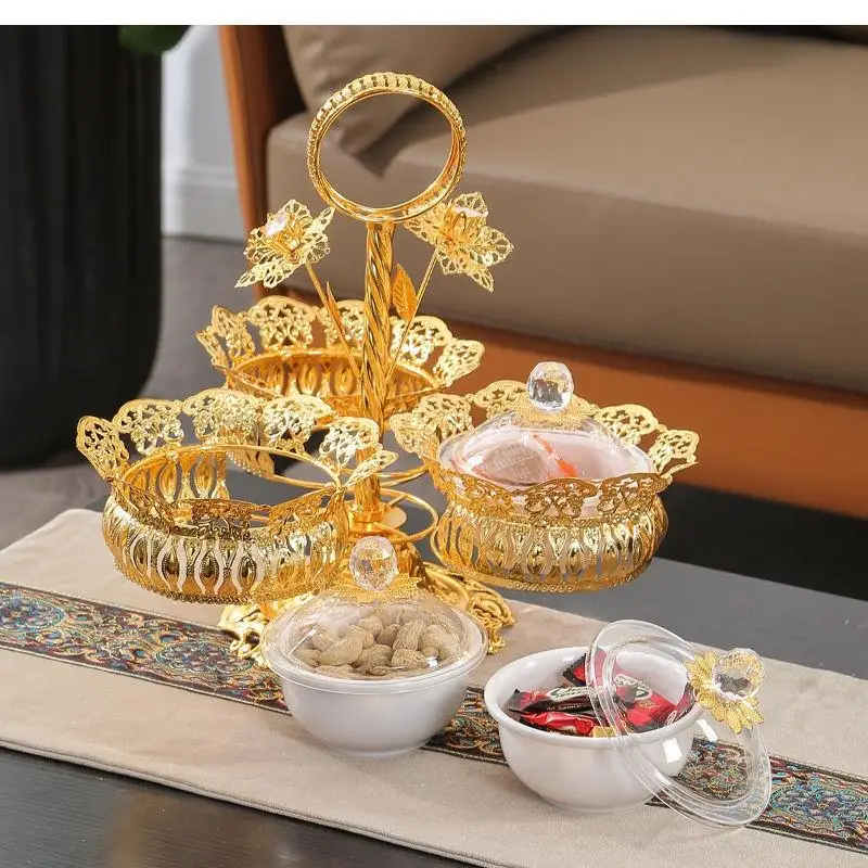 Round Metal Fruit Bowl, Portable Iron Plate for Snacks and Dried Fruits, 3-in-1 Candy Box, Stylish Living Room Decoration