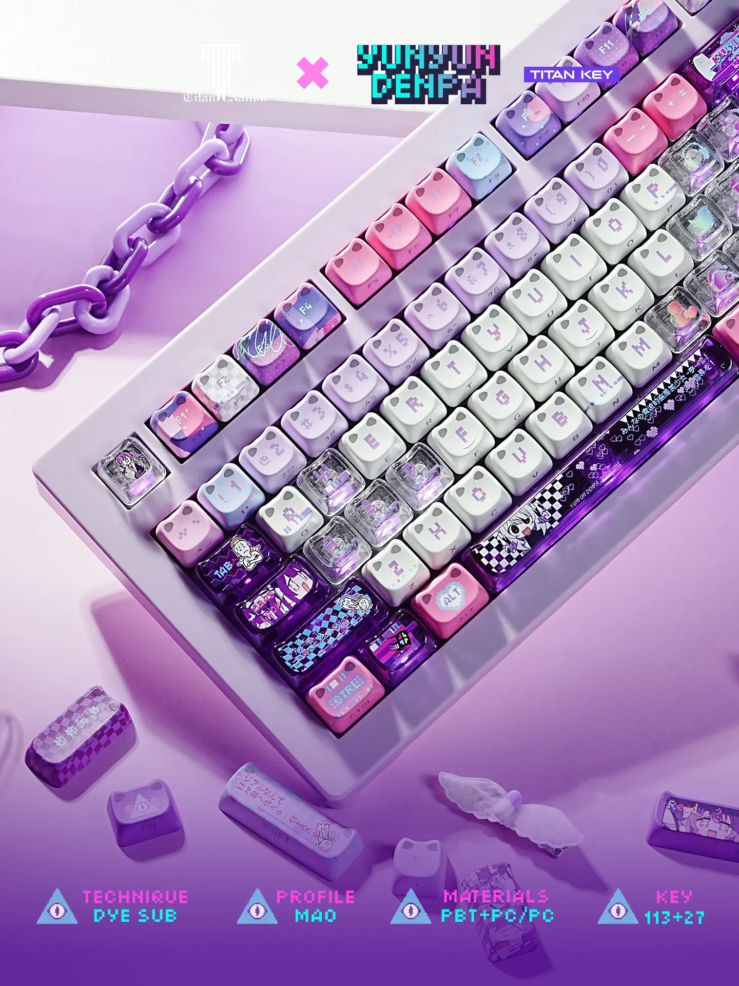 113 Keys Halo Wave Keycaps PBT Dye-Sub MAO Height Purple Cat Ear Light Transparent Key Cap for Mechanical Keyboard Wooting He60