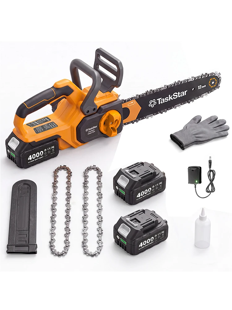 TaskStar 12 Zoll bürstenlose elektrische Kettensäge mit 2 Stück 4000mAh wiederaufladbaren Batterien, automatischem Ölsystem, handgeführte kabellose Kettensäge zum Holzschneiden und Gartenschneiden.