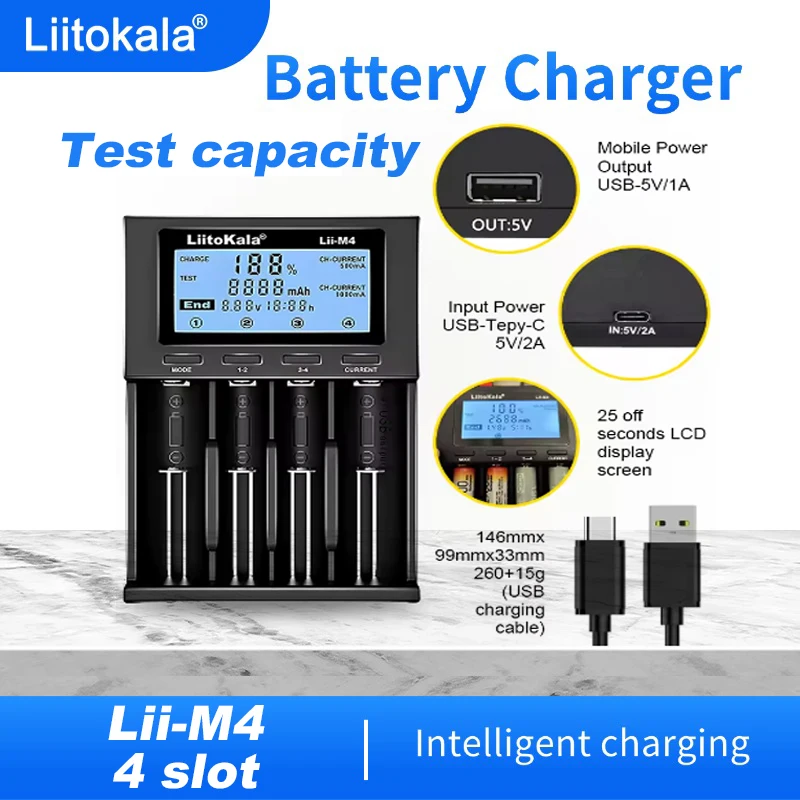 

LiitoKala Lii-M4 Универсальное интеллектуальное зарядное устройство с ЖК-дисплеем 18650 26650 21700 AA AAA емкость тестера батареи