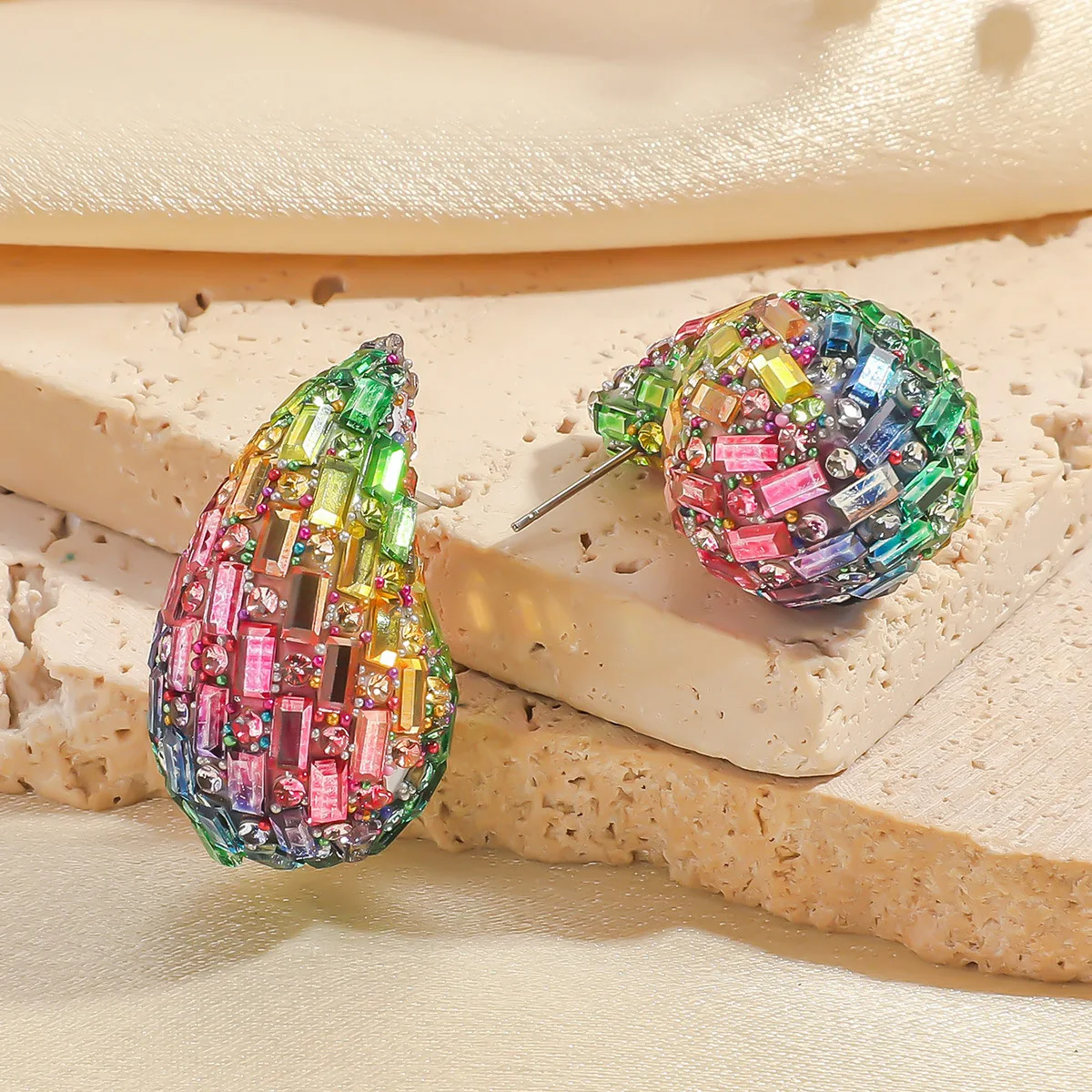 2026 New Trendy Crystal Chunky Waterdrop Hoop Earrings Dupes for Women Chunky Colorful Dome Teardrop Stud Earrings Jewelry Gifts