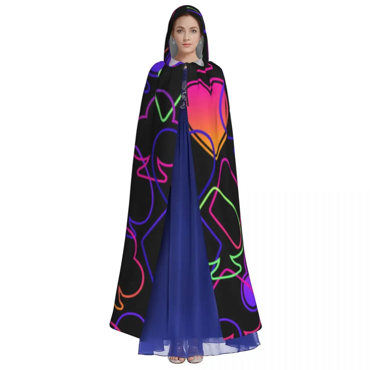 Colorful Poker Card Suits Hooded Cloak Polyester Unisex Witch Cape Costume Accessory