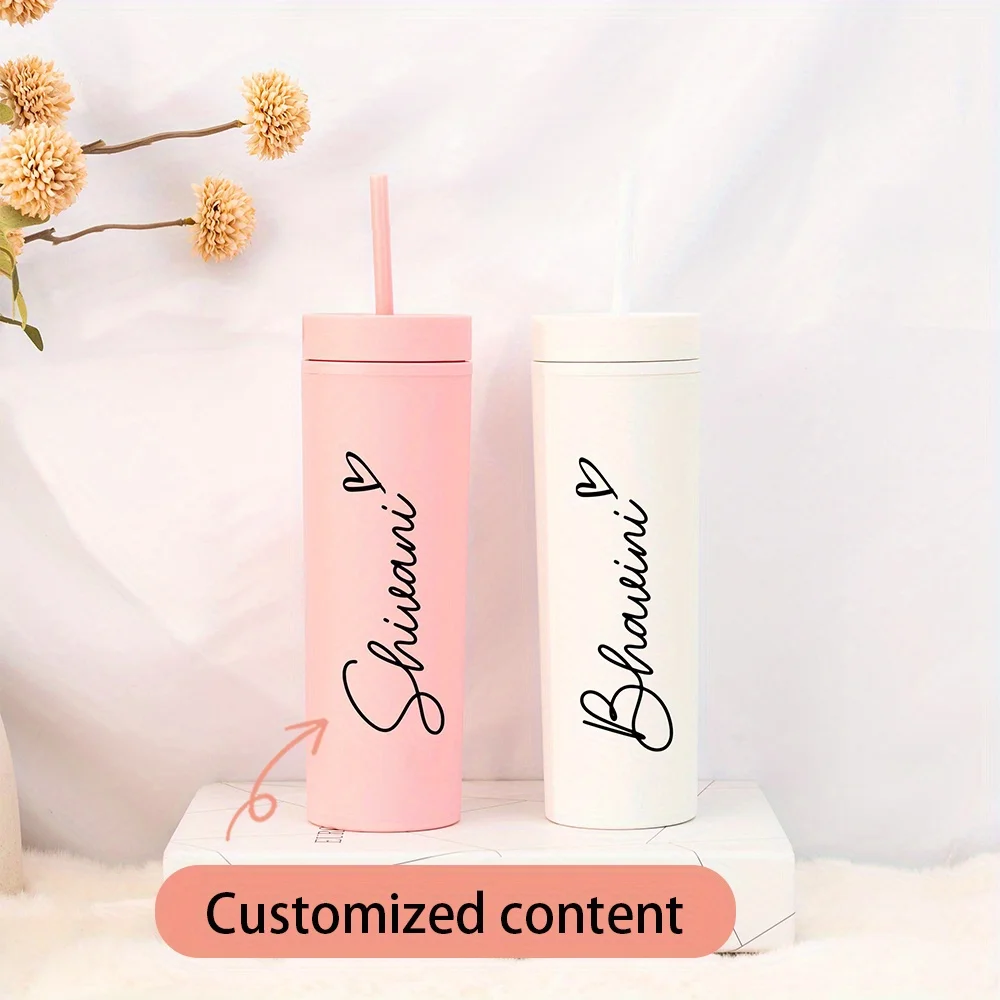 Personalized Name Matte Acrylic Tumbler, Slim Reusable Drinking Cup, Elegant Bridesmaid & Birthday Gift for Her.
