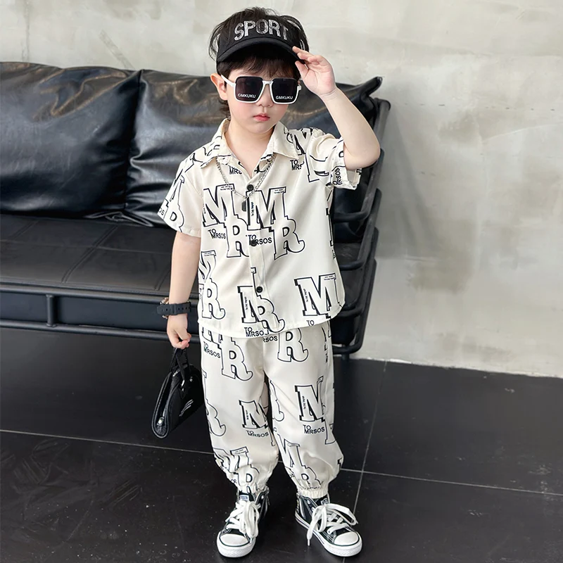 

2-12Y Teenage Boys' Shirt Set 2024 New Handsome Children's Summer Short Sleeve Letter Shirt +Long Pants Baby Boy Summer Clothing