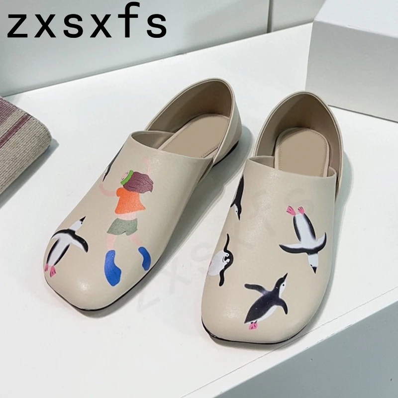 Sapatilhas redondas de couro genuíno para mulheres, sapatos de mula preta, salto baixo, moda outwear de lazer, bowknot, novo, 2024