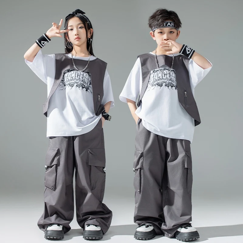 Roupa de dança de rua para meninos, hip hop, performance de palco, top grande, camiseta branca, calças cinza, crianças, legal, jazz, streetwear 3630