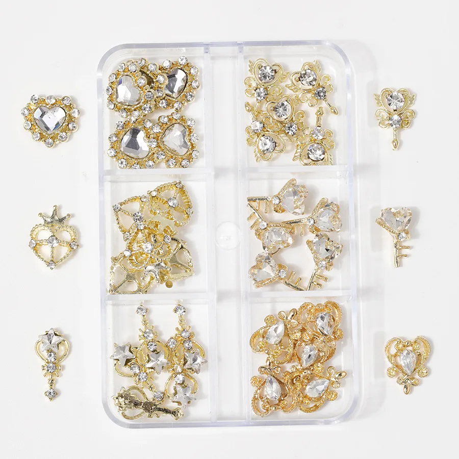 6 Grid Trendy 3D Love Heart Nail Charms Set Red Pink Rhinestone Crystal Magic Wand Decor Must Have for DIY Nail Art Party Nails