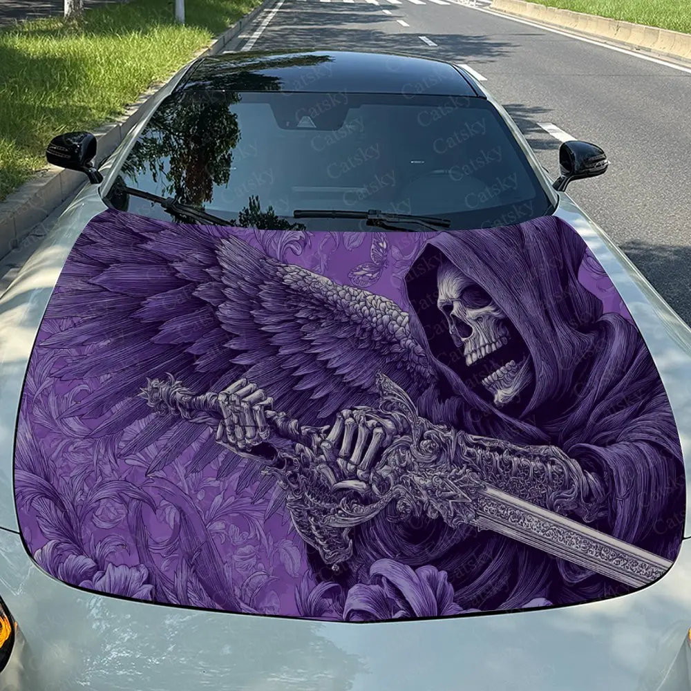 Car Decal Grim Reaper with Sword & Wing Element in Purple Gothic Design, Creating a Bold and Mythic Visual Car Hood Sticker, Wat