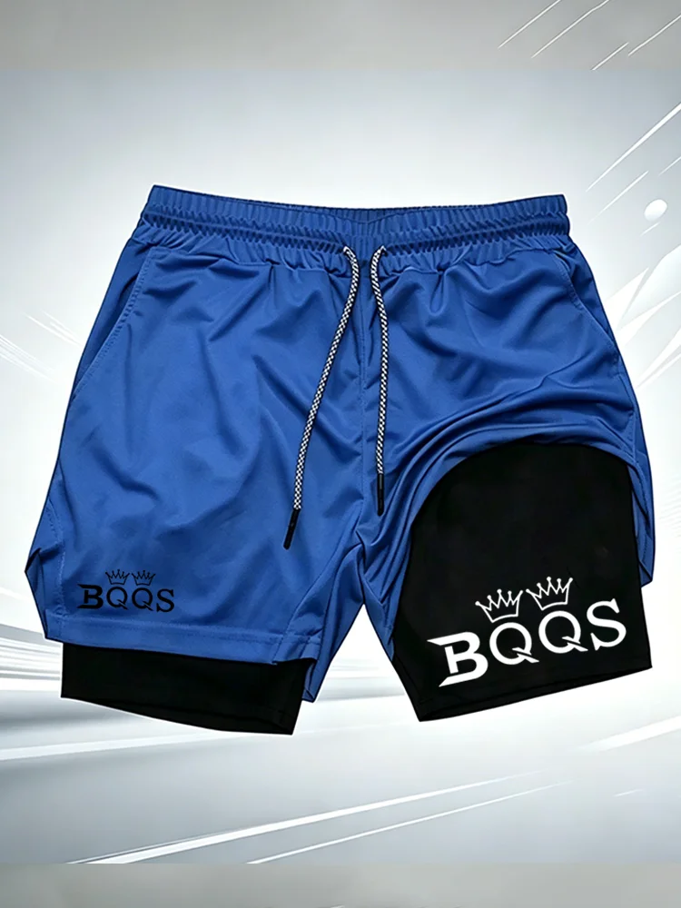 Men 2 In 1 Gym Shorts BQQS Crown Print Quick Dry Compression Liner Athletic Running Fitness Workout Sports Short Pants wx284