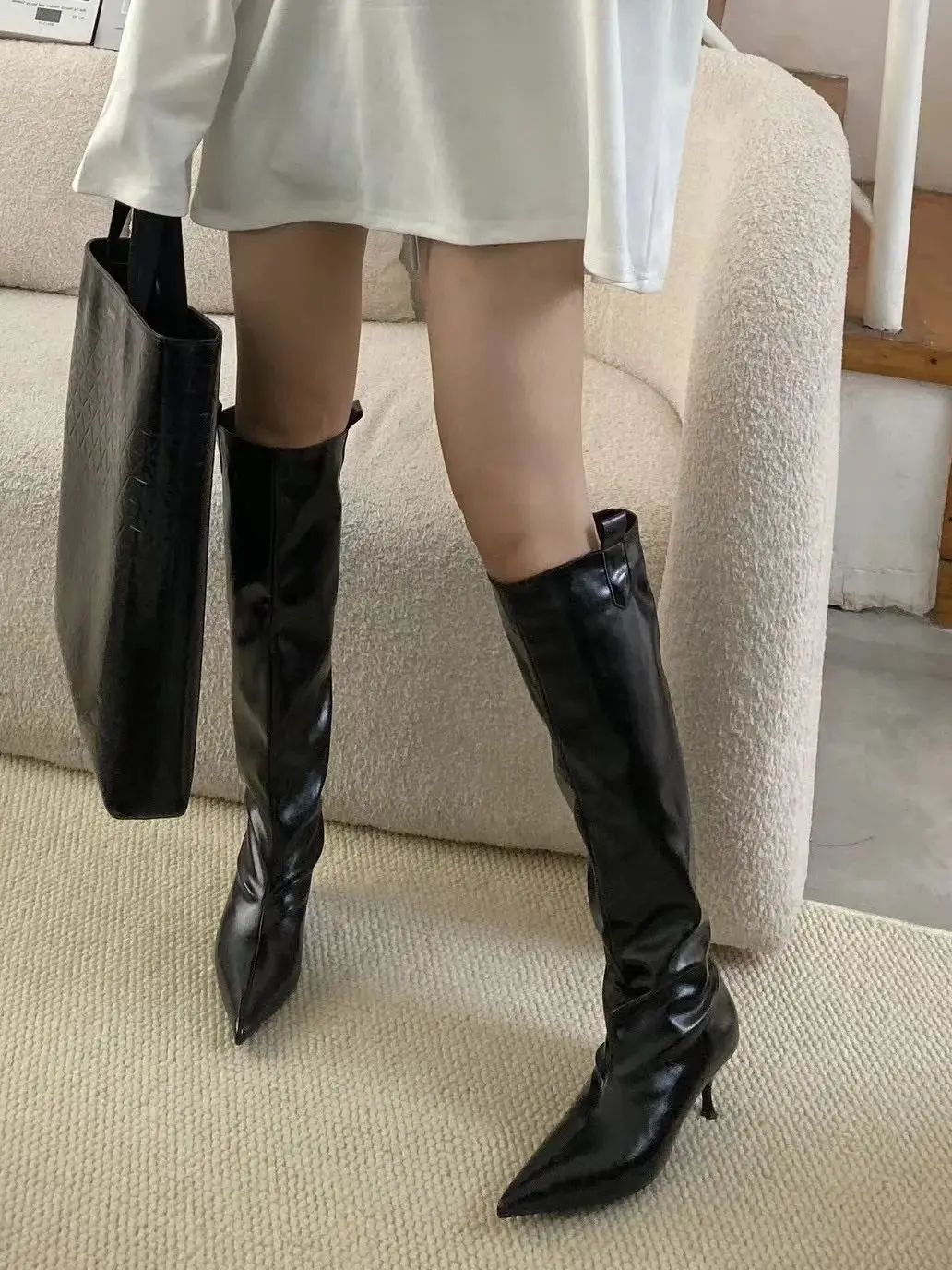 Pointed Toe Women Knee High Boots Black Brown Thin High Heels Shallow Slip On Chelsea Botas Fashion Party Pumps Shoes Woman 39