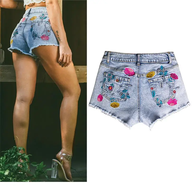 Denim Shorts For Womenwomen's Summer New Street 3D Embroidery Three-Dimensional Flower High Waist Slim Denim Shorts Pastoral Gir