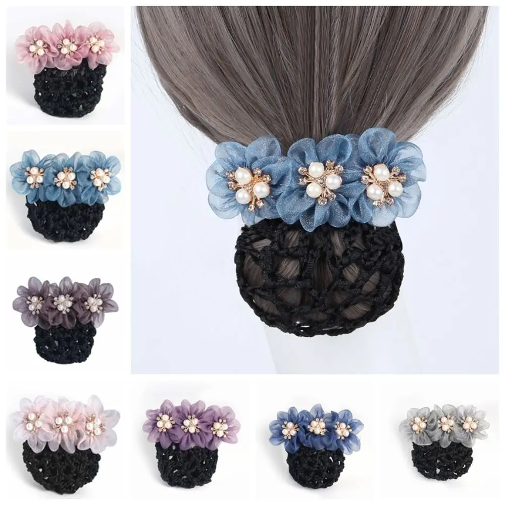 Lace Flower Snood Spring Clip Bun Snood Hairgrips Cover Net Pearls Crochet Bun Net Hair Clip Headwear Lace Hair Net Office Lady