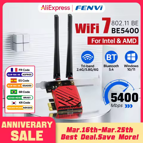 fenvi WiFi 7 Pcie Wireless Adapter Bluetooth 5.4 MT7925 WiFi7 Network Card BE5400 Tri Band 2.4G/5G/6GHz for Win 10/11 Desktop PC