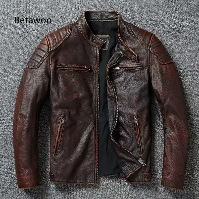Men Stand Collar Motorcycle Faux Leather Jacket Heavy Cowhide Texture Outerwear For Young People Wearing In Spring And Autumn