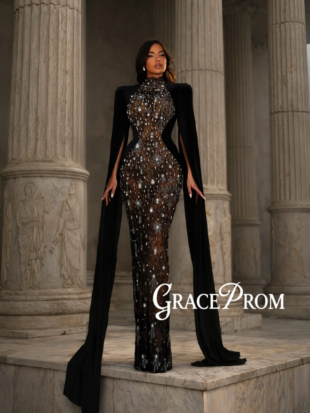 

Shimmering Crystal Lace Evening Dress Black High Collar Cape Sleeve Wedding Party Gowns Customized Luxury Banquet Gownseath