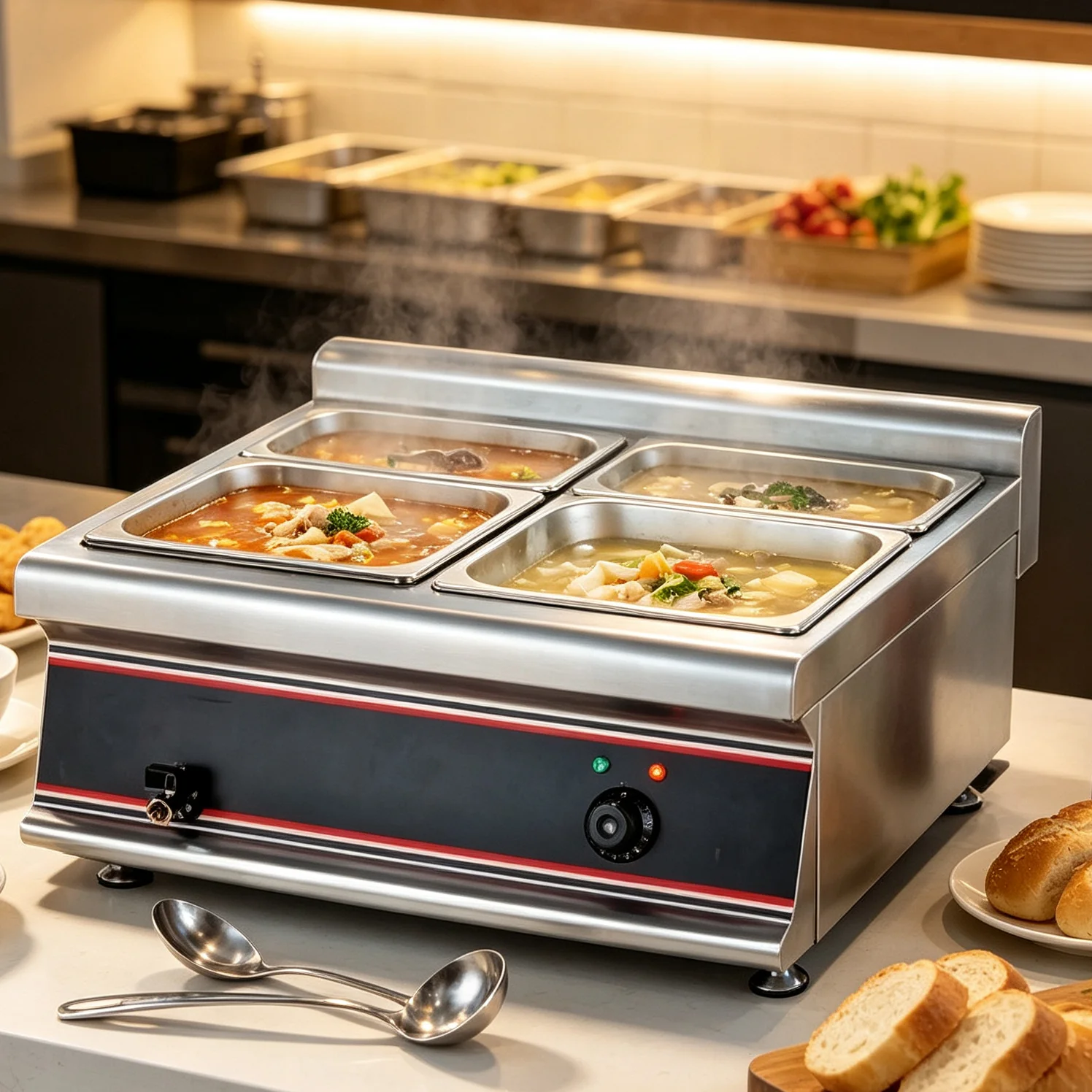 T*& Desktop Electric 4 Pan Bain Marie Countertop Commercial Food Soup Warmer Stainless Steel Buffet Warming Equipment