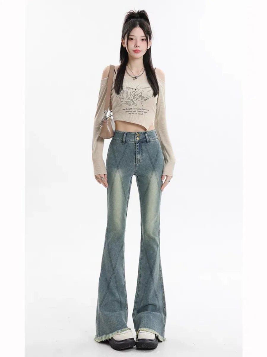 

Retro Frayed Hem Micro Flared Denim Jeans Women's plus Size Summer High Waist Slimming Long Trousers Double Bule Zipper