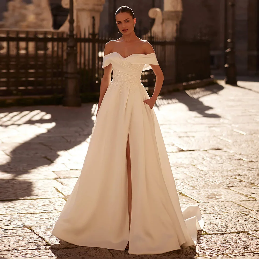 

Flavinke Customized Wedding Dresses Off The Shoulder Sweetheart Beading Applique Sweep Train Corset Bridal Gown Vestido Noiva