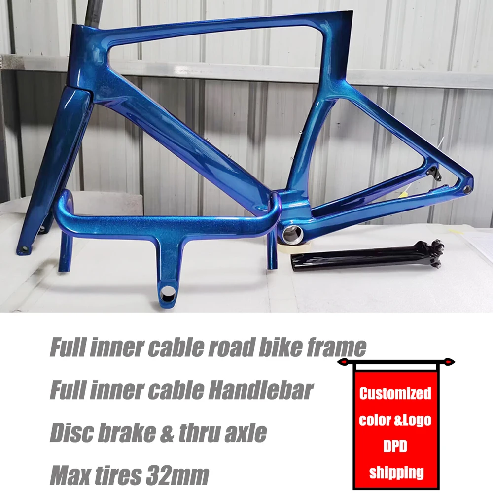 Carbon Road Bike Frame with Disc Brake Full Inner Cable, Coustomized Color Bicycle Frameset