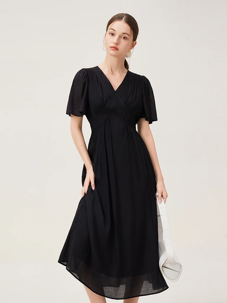 FSLE Women Flying Sleeve Temperament Long X-LINE Dress French V-neck Black Dress Office Lady Solid Dress 24FS12945