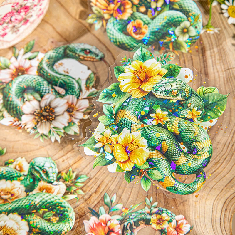 

5Pcs/bag Waterproof PET Stickers Large Size Flower Shadow Snake Series Golden Python Animal Theme Book Stickers