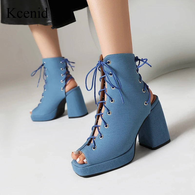 

Kcenid New Summer Women's Boots Fashion Cross-Tied Chunky High Heels Peep Toe Back Open Shoes Ladies Dancing Pumps