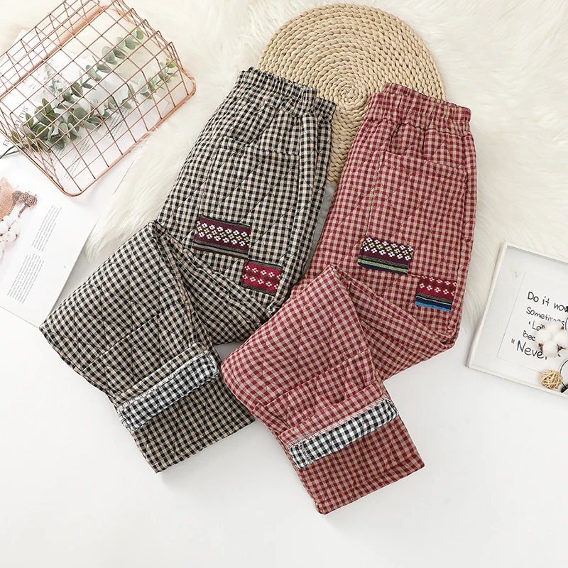 กางเกงขายาวทรงฮาร์ลานผ้าฝ้ายลายสก็อตย้อนยุคสำหรับผู้หญิง เอวสูง บุผ้าฝ้าย อุ่นสบาย เหมาะสำหรับฤดูใบไม้ร่วงและฤดูหนาว