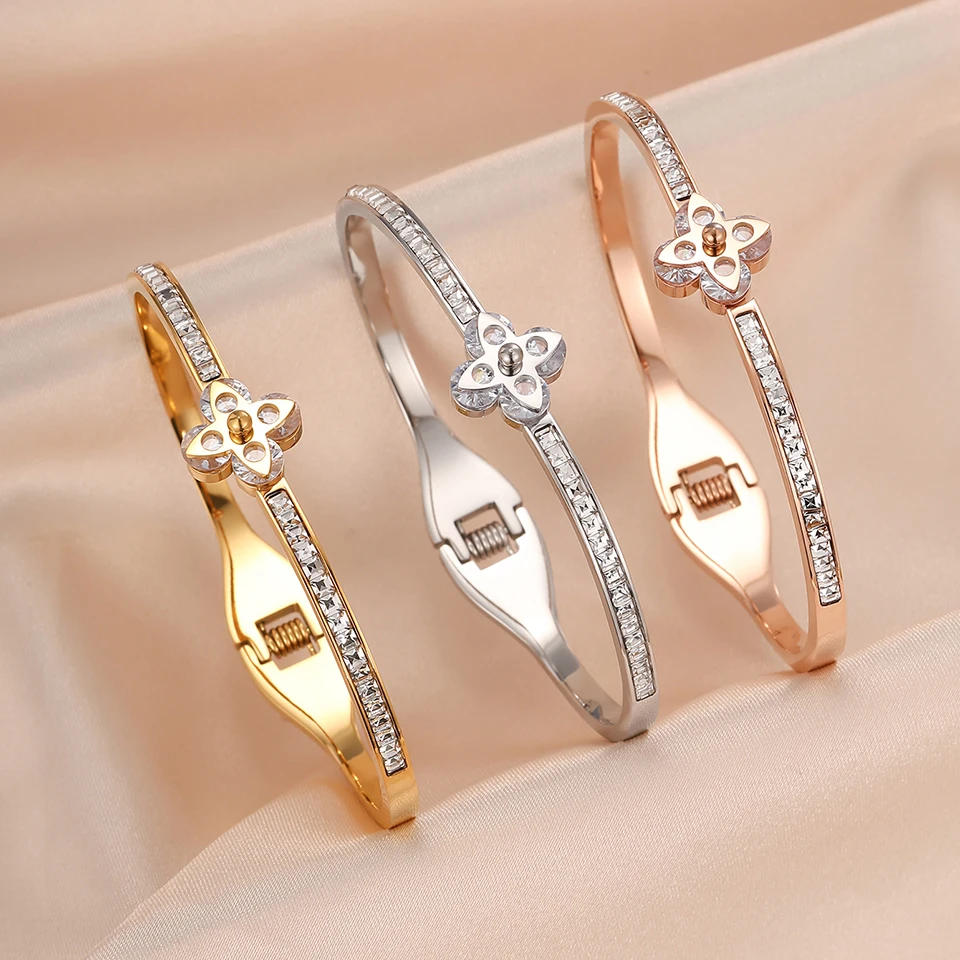 Htpwe الفولاذ المقاوم للصدأ أربع أوراق البرسيم مطعمة الزركونيوم زهرة سوار المرأة مطلي 18 كيلو الذهب زوجين عطلة سوار مجوهرات #1