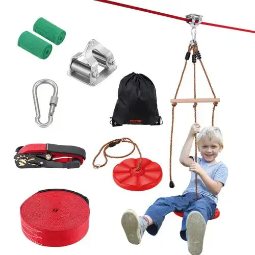 Zipline Kit for Kids and Adult, 65 ft Zip Line Kits Up to 500 lb, Backyard Outdoor Quick Setup Zipline, Playground Entertainment