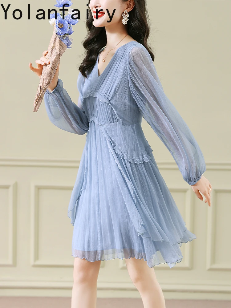 YOLANFAIRY 100% فستان حريري التوت الحقيقي للمرأة خريف 2025 فستان أنيق بكم طويل فساتين نسائية موضة فستان أسود