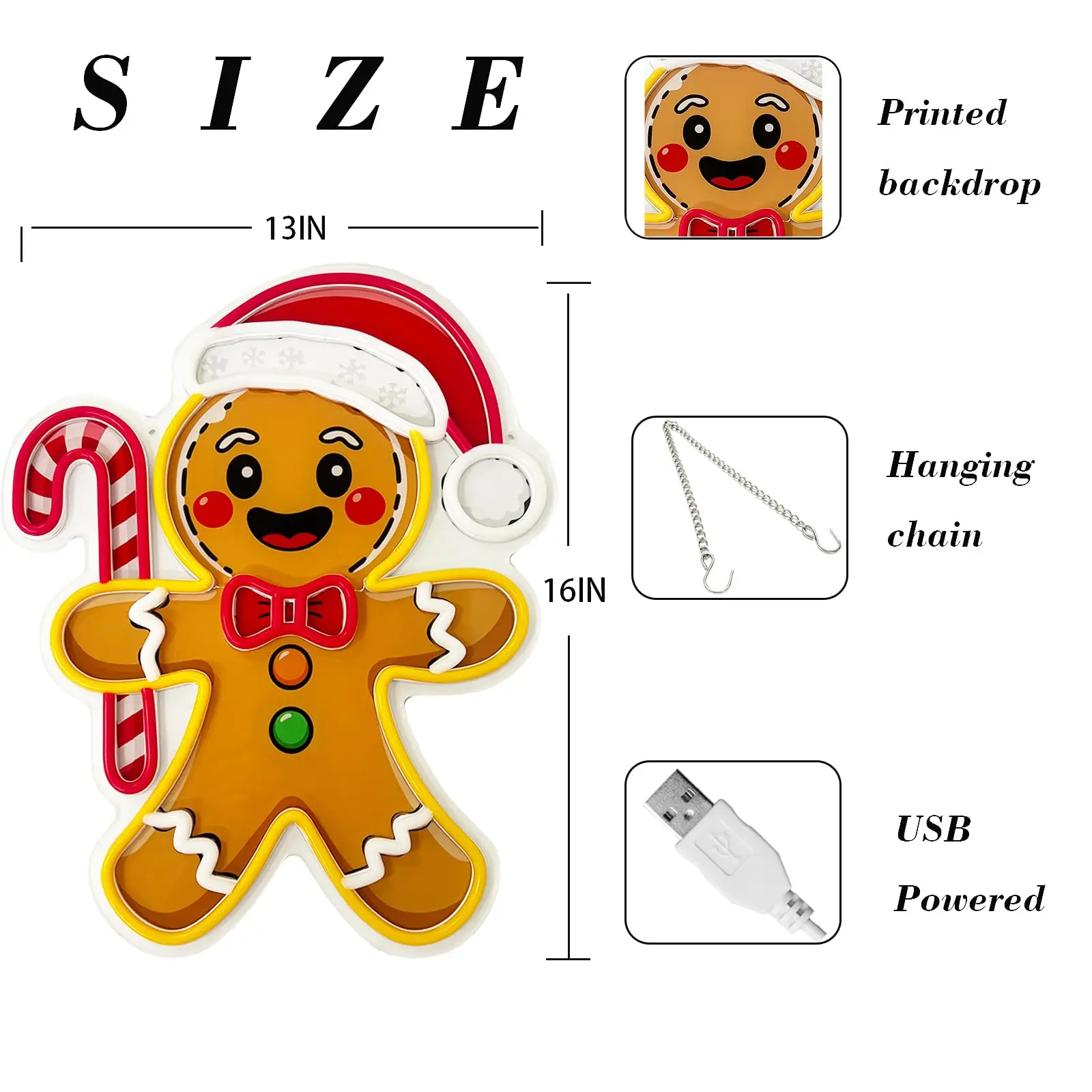 Gingerbread Candy Cane LED Neon Sign for Wall Decor UV Printed Design USB Dimmable for Holiday Party Kids Room Window Gift