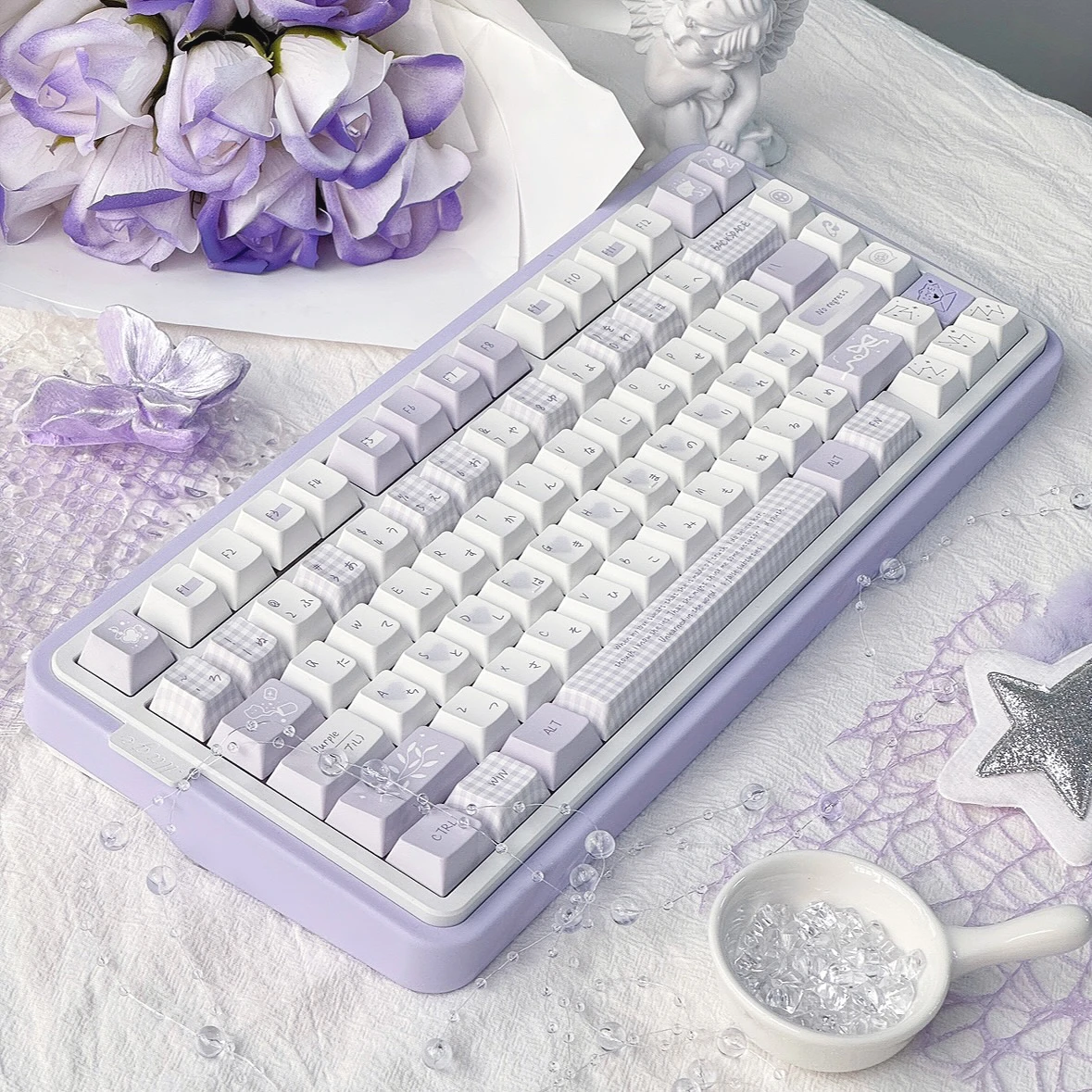 Capuchons de touches Pbt cerise Taro violet, thème élégant pour bricolage Aula F75 F99, à carreaux violets