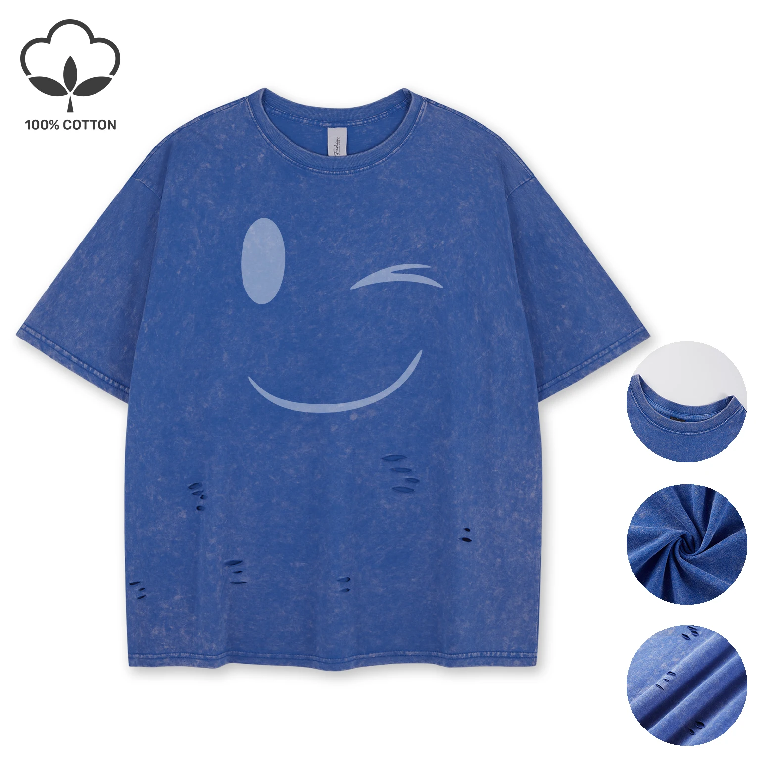 

Blink And Smileprint Snow Wash Holes T Shirt Woman Summer Comfortable Washed Tee Casual Shortwear Soft Cotton Unisex Clothes