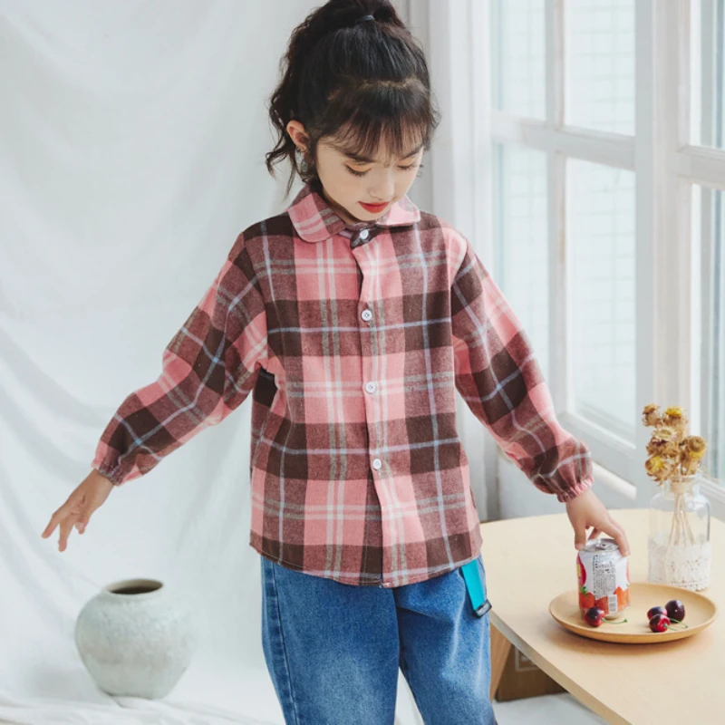 2-8Y Spring Autumn Girl Shirt Plaid Classic Casual Outfit Kids Clothes Children Shirts Thick Warm Country Style Blouse School