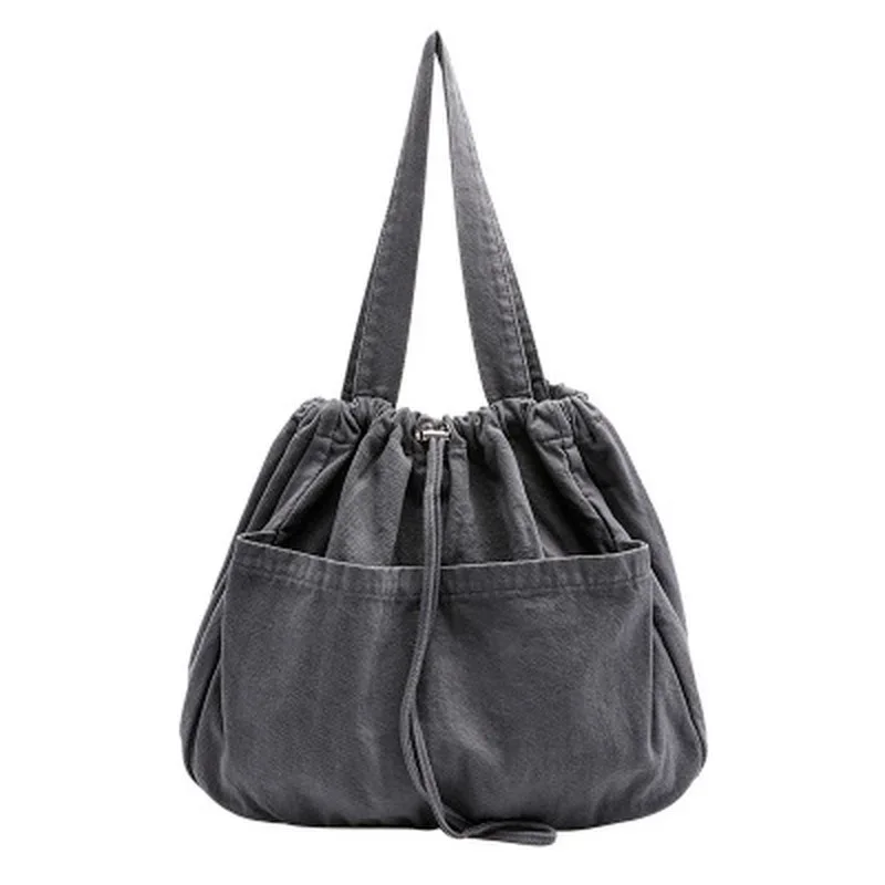 2023 New Canvas Bag Women's One Shoulder Drawstring Multi Pocket Japanese Simple Large Capacity Casual Versatile Tote Bag