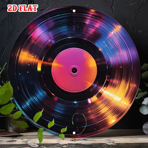 1pc Frameless Round Aluminum Wall Art with Reflective Vinyl Record Design, Colorful Sparkles for Modern Living Room & Holiday De