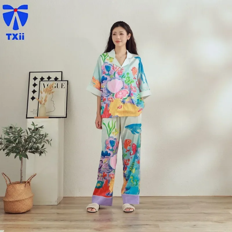 New autumn pajamas for women, sweet and cute ice silk, mid sleeved home clothes, cartoon printed set that can be worn outside