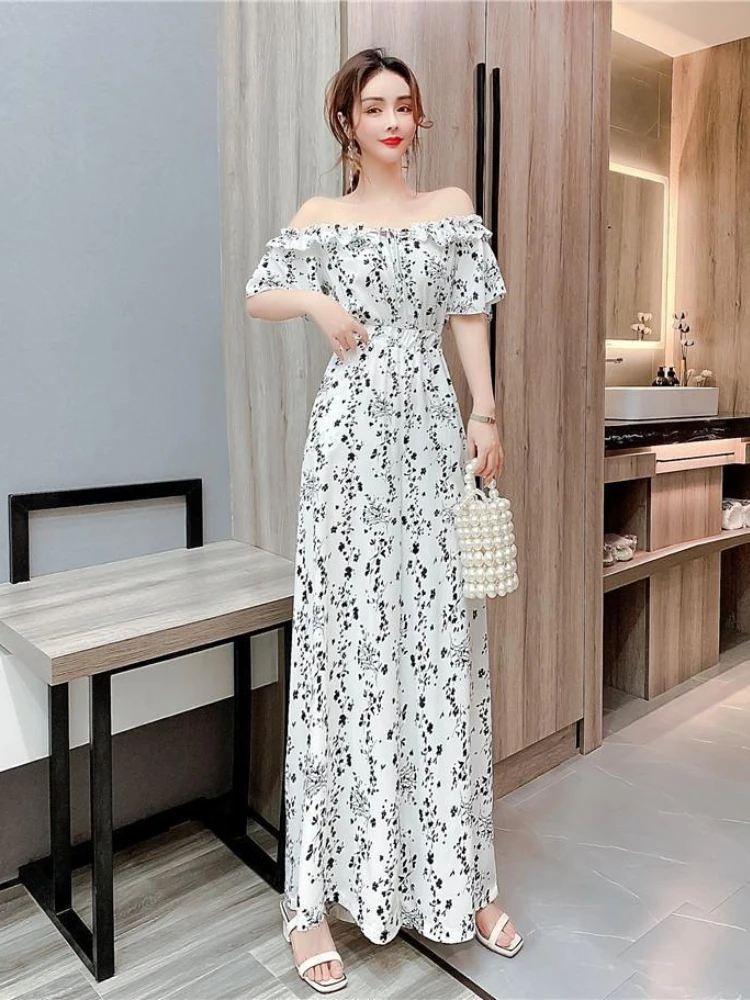 

Новинка лета 2026: Модный женский комбинезон с широкими штанинами, принтом и завышенной талией, приталенный, длинный, в элегантном стиле