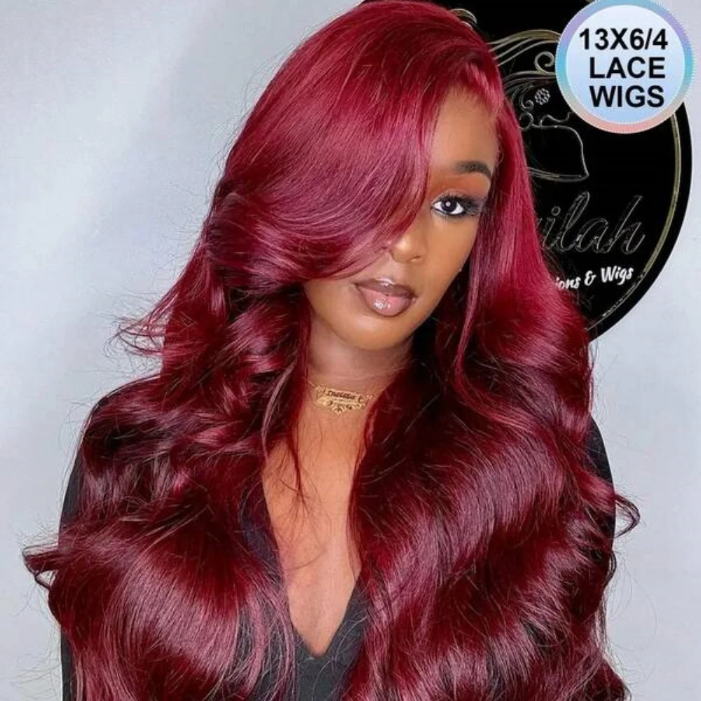 200% الكثافة 99j بورجوندي اللون الأحمر الجسم موجة الشعر البشري المخلوط 13X4 الدانتيل الباروكات الأمامية للنساء قبل قطعها منطقة كبيرة