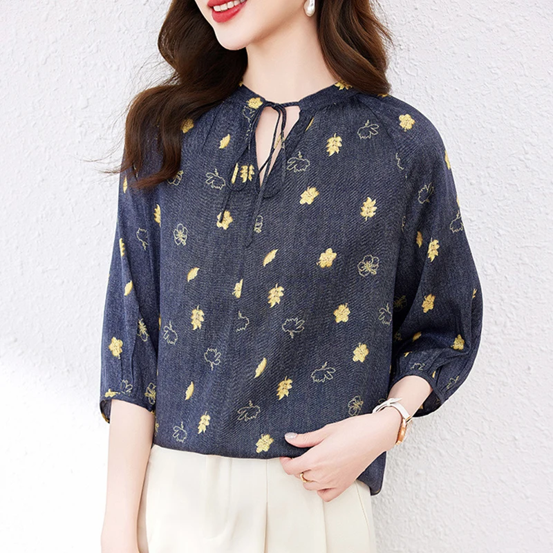 

Шелковая женская рубашка с принтом 2026: Элегантные летние блузки и рубашки для женщин, свободные топы с рукавом три четверти, винтажная блузка