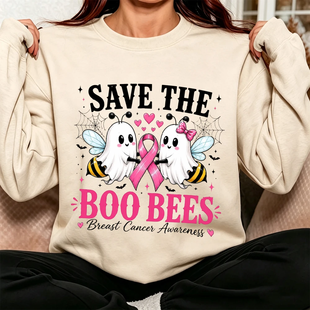 Save The Boo Bees Print Women Breast Cancer Awareness Sweatshirt Ghost Bee Pink Ribbon Halloween Pullover for Support Squad Gift