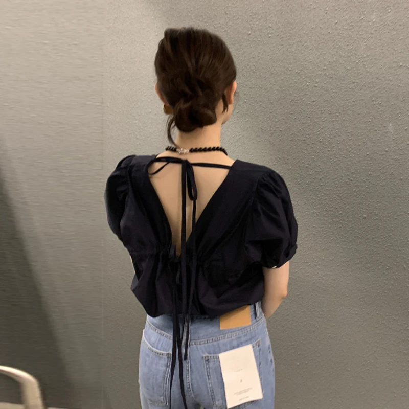 Csa de Manga Curta com Design de Manga Bufante, Csa Bonita com Alça nas Costas, Estilo Coreano, Decote Redondo, Ajuste ...