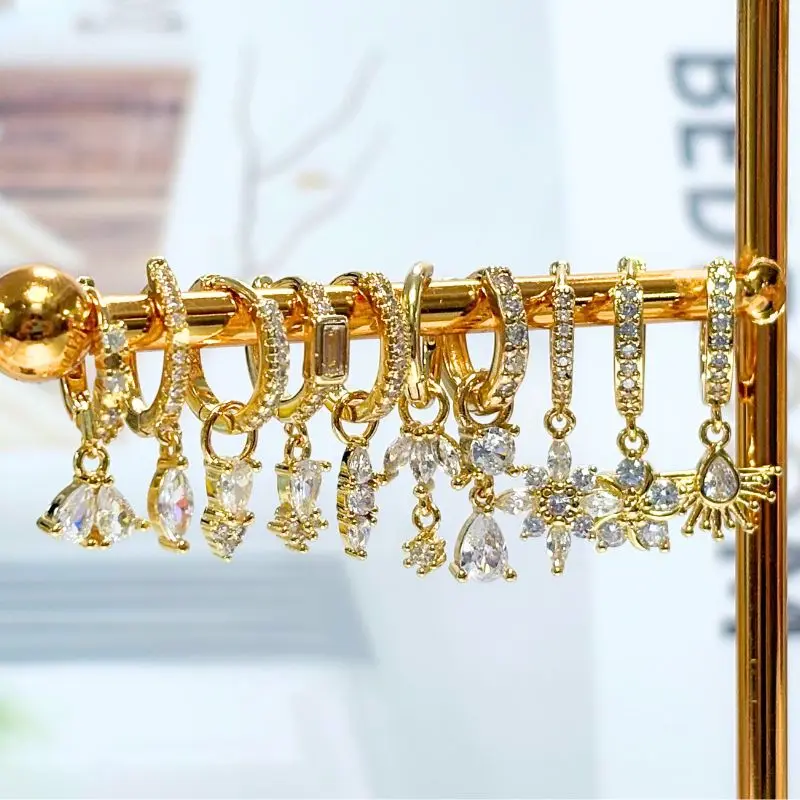 여자 925 실버 바늘 워터 드롭 기하학 지르콘 화이트 지르콘 크리스탈 꽃 펜던트 후프 귀걸이 패션 웨딩 쥬얼리