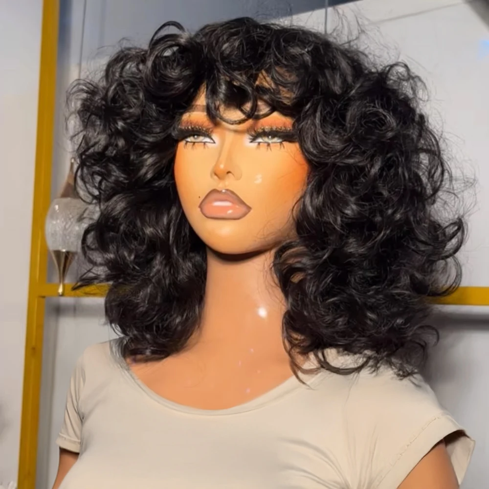 Perruque à franges coupe lutin perruque de cheveux humains perruque courte Bob avec frange perruques de cheveux humains bouclés perruques entièrement fabriquées à la Machine pour les femmes 250%