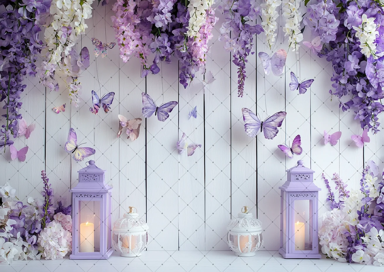 Dreamy Purple Butterfly Photography Backdrop Wisteria Blooming Flowers Lanterns Candle Children Birthday Photo Shoots Background