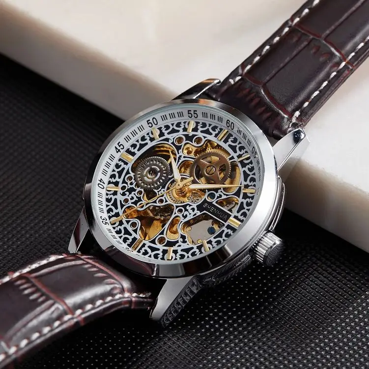 Shenhua Fashion Vintage Watches Men Stainless Steel Automatic Mechanical Watches Men Skeleton Watches Relogio Masculino